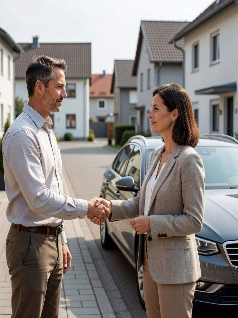 seriöser und geprüfter Autoankäufer mitten beim Vertragsabschluss in einer Wohngegend in Sendenhorst